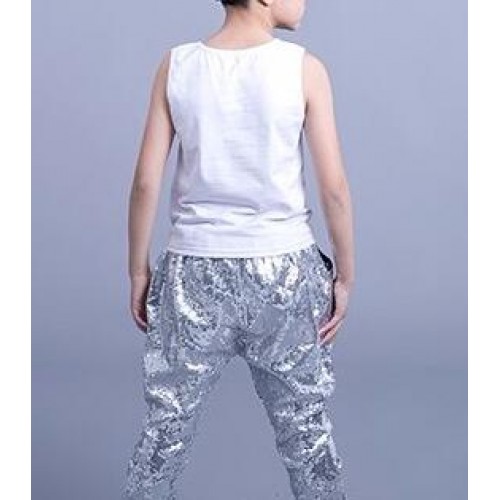 Boys hip hop street dance jazz singers performance outfits for kids children modern dance paillette vests and harem pants